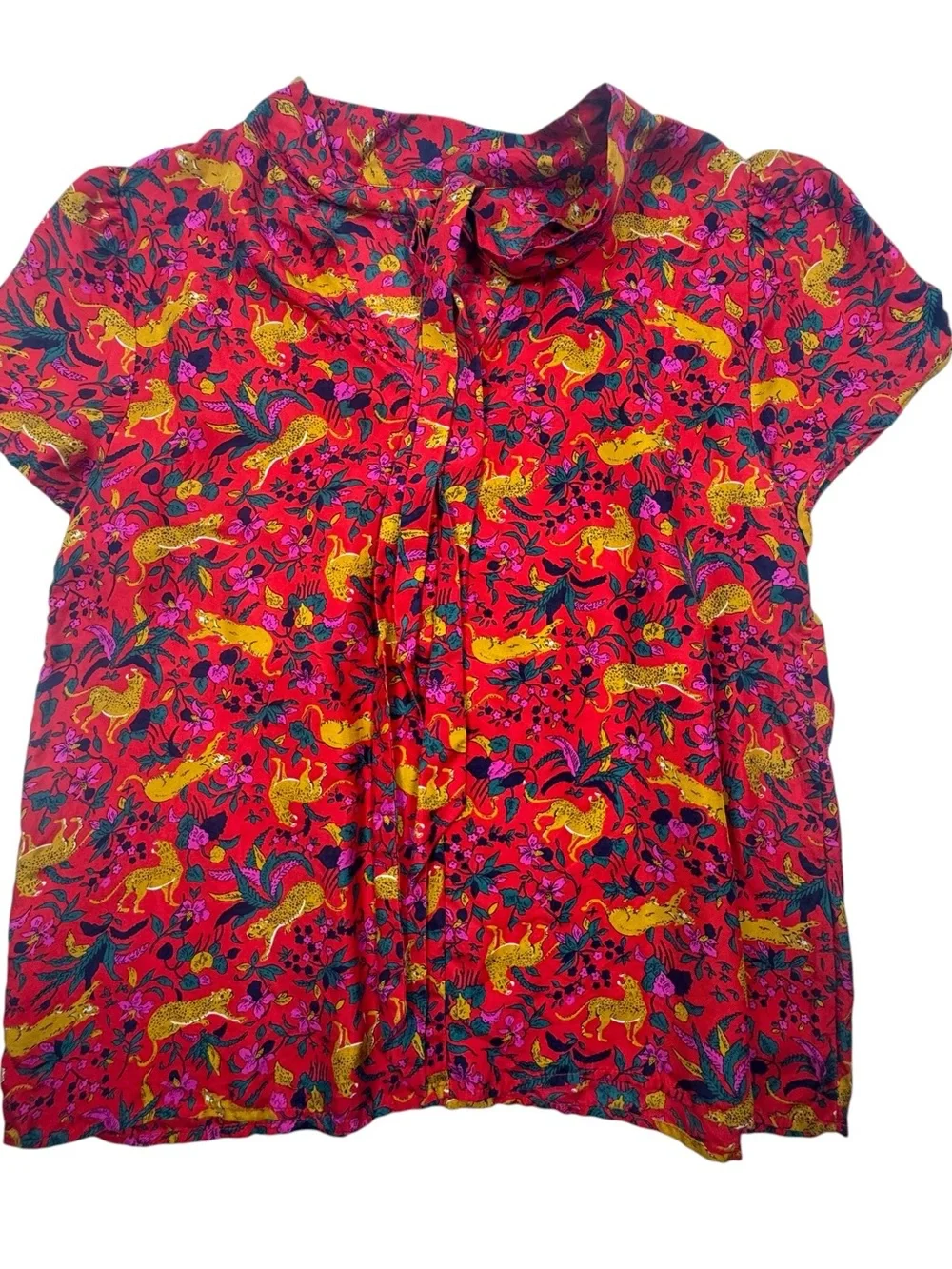 J.CREW Collection Silk Bow Back Top Jungle Cat Print Size O
